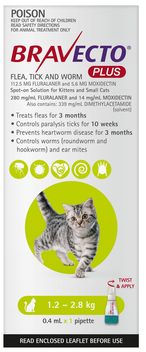 Bravecto Plus Cat Spot On 1.2-2.8kg Green 1pk